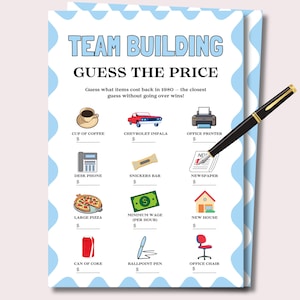 May include: A game card titled "Team Building Guess the Price" with illustrations of items like a coffee cup, car, printer, and pizza. A black pen with gold accents points to the newspaper illustration. The card has a blue and white border.