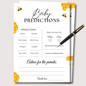 Jeu de devinez la date d'échéance et le poids pour une baby shower, prédictions de révélation du sexe des abeilles, prédictions de statistiques de bébé, cartes de prédiction de maman aux abeilles imprimables