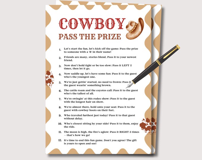 Cowboy Pass the Prize Game, Printable Cowboy Birthday Party Game for ...