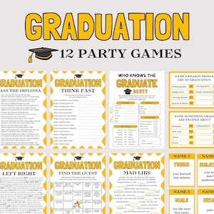 May include: A graduation party game set with the word "GRADUATION" in large yellow letters. The set includes 12 party games with various prompts and fill-in-the-blank activities, perfect for a graduation celebration.