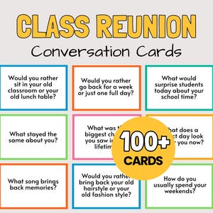 Puede incluir: Juego de tarjetas de conversación para una reunión de clase. Las tarjetas presentan preguntas como «¿Qué sorprendería a los estudiantes hoy sobre tu época escolar?» y «¿Qué canción te trae recuerdos?» La imagen incluye un círculo amarillo con el texto «100+ TARJETAS».