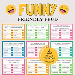 以下が含まれることがあります： Funny Friendly Feudの印刷可能なゲームシート。9つのカラフルな質問ボックスにアンケートの回答とポイントが記載されています。上部には黄色のテキストでタイトルと2つの笑い顔の絵文字があります。中央にはオレンジ色のインスタントダウンロードアイコンがあります。