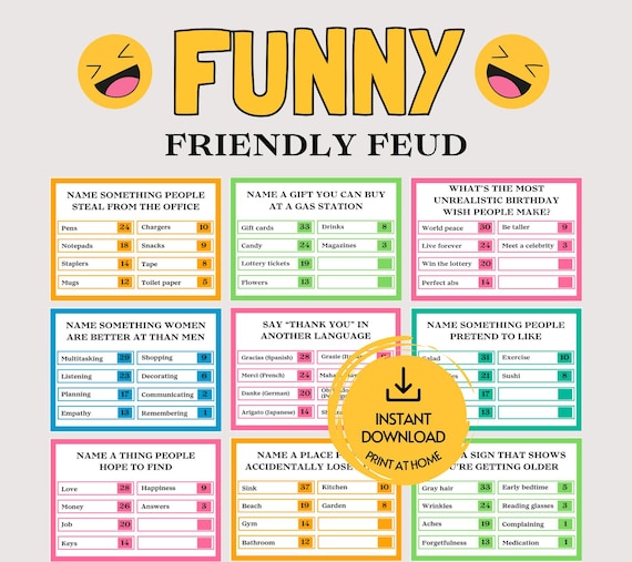 Funny Friendly Feud Game, Printable Party Game for Adults, Family Feud Questions, Adult Party Birthday Game, Birthday Feud Office Party Game