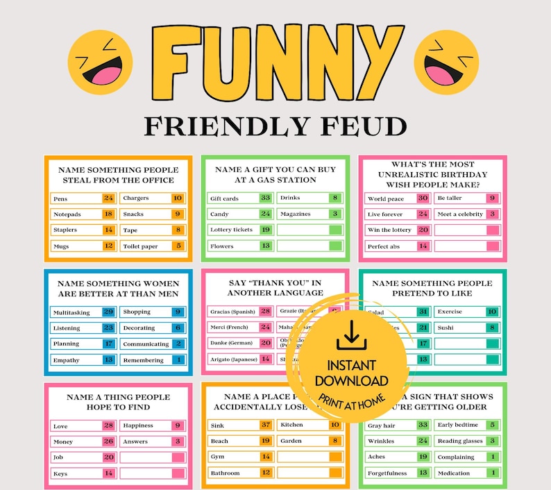 以下が含まれることがあります： Funny Friendly Feudの印刷可能なゲームシート。9つのカラフルな質問ボックスにアンケートの回答とポイントが記載されています。上部には黄色のテキストでタイトルと2つの笑い顔の絵文字があります。中央にはオレンジ色のインスタントダウンロードアイコンがあります。