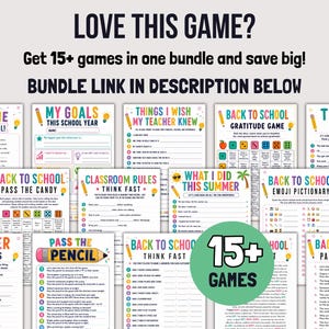 Puede incluir: Una colecci&oacute;n de hojas de actividades imprimibles para el regreso a clases con texto y gr&aacute;ficos coloridos. Los t&iacute;tulos incluyen My Goals, Classroom Rules, Back to School Gratitude Game y Emoji Pictionary. Un c&iacute;rculo verde muestra 15+ GAMES.
