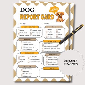 Plantilla de informe canino, informe editable para mascotas, informe de alojamiento canino, informe de cuidado de mascotas, formulario de informe de paseo de perros, guardería canina
