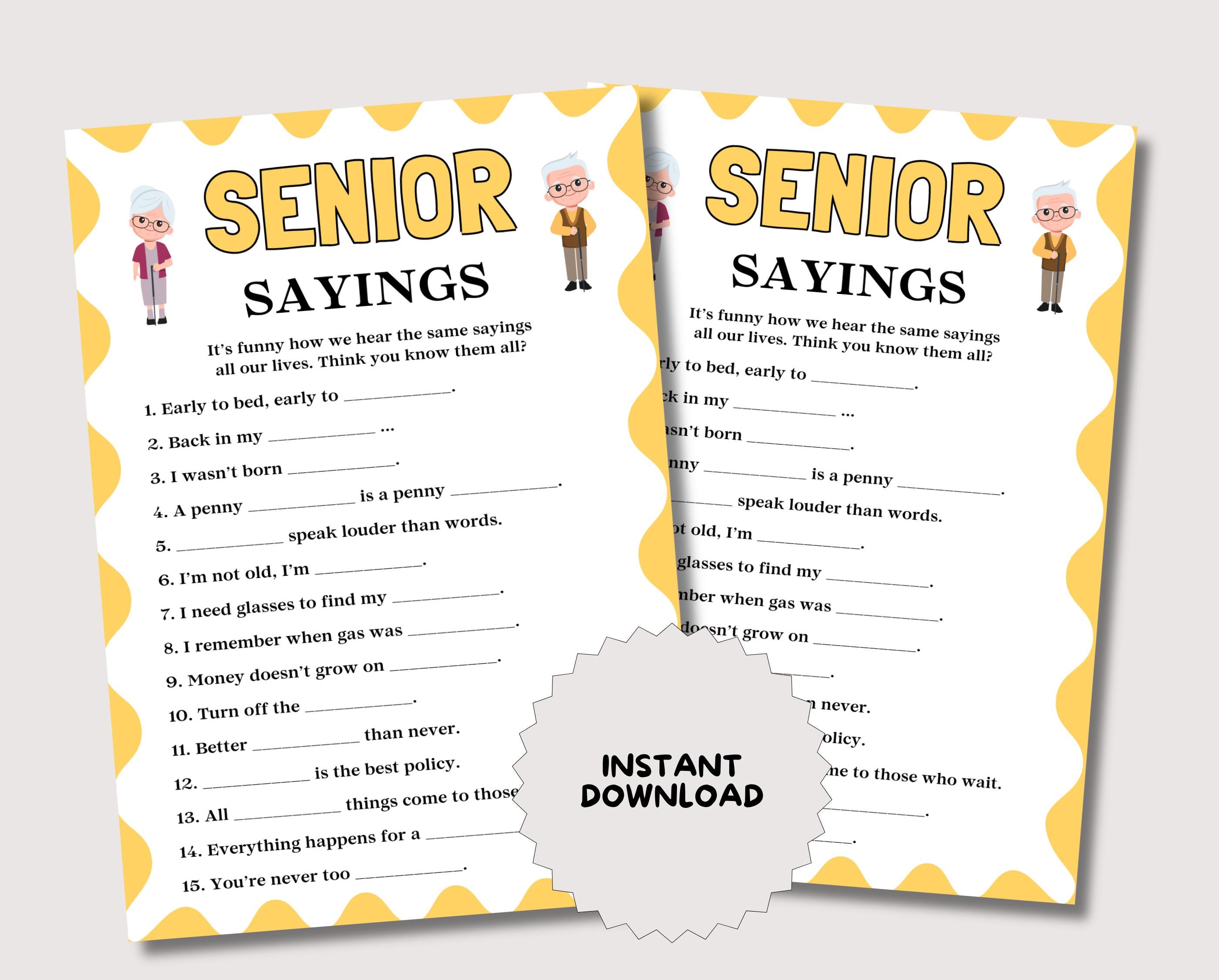 Senior Sayings Game, Fun Printable Senior Game for Elderly, Elderly ...