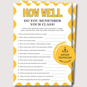How Well Do You Remember Your Class, Fun Printable Class Reunion Game, High School Reunion Game, Class Reunion Activity Ice Breaker Game