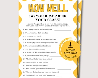 How Well Do You Remember Your Class, Fun Printable Class Reunion Game, High School Reunion Game, Class Reunion Activity Ice Breaker Game