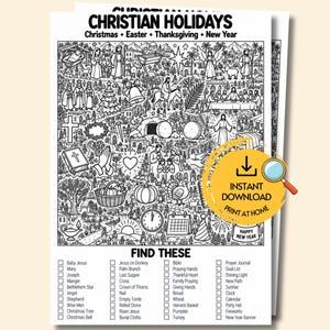 May include: A black and white printable activity sheet titled CHRISTIAN HOLIDAYS featuring illustrations of Christmas, Easter, Thanksgiving, and New Year themes. Below the main scene is a checklist titled FIND THESE with items to locate.