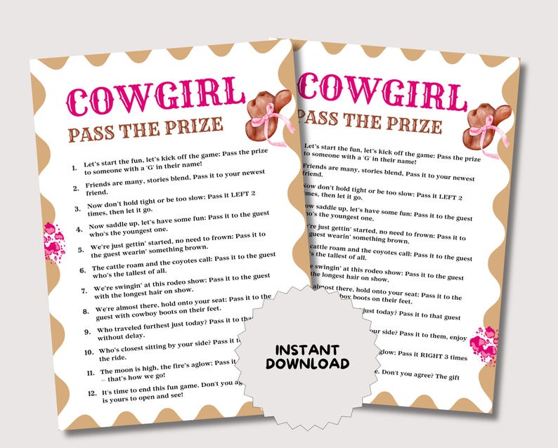 Cowgirl Pass the Prize Game, Printable Cowgirl Birthday Party Game for ...
