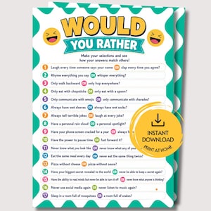Può includere: Una carta da gioco Would You Rather con un bordo smerlato color ottanio e testo giallo. Presenta diciassette domande numerate, emoji che ridono e un badge circolare giallo con la scritta Instant Download Print at Home e un'icona.