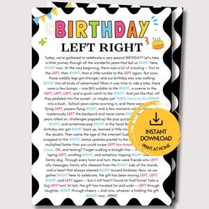 May include: A rectangular birthday party game card titled BIRTHDAY LEFT RIGHT with a black and white wavy border. The text features a story with the words LEFT and RIGHT highlighted in colors. A yellow circular badge reads INSTANT DOWNLOAD.