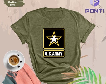 May include: A heather olive t-shirt with a yellow star and the text "U.S. ARMY" in a black box.