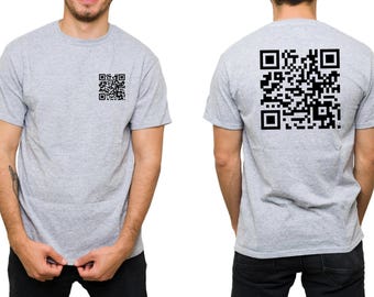 May include: Light gray t-shirt with a black QR code on the front left chest and a larger QR code on the back. The shirt is short-sleeved and made of a soft material. The QR codes are a prominent design element.