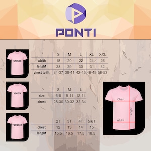May include: Pink t-shirt size chart with measurements in inches for unisex, youth, and toddler sizes. The chart includes width, length, and chest measurements for each size, with a logo at the top.