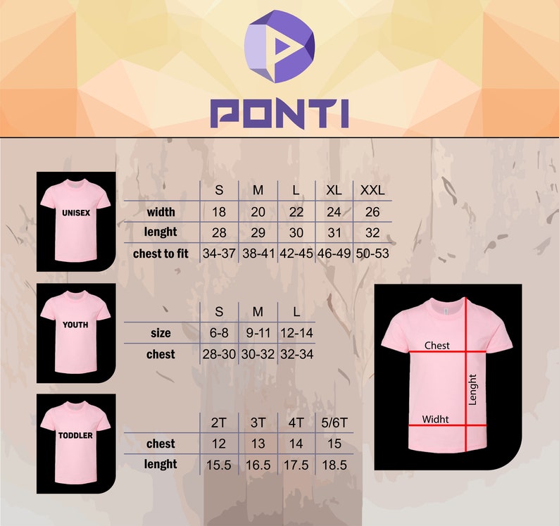 May include: Pink t-shirt size chart with measurements in inches for unisex, youth, and toddler sizes. The chart includes width, length, and chest measurements for each size, with a logo at the top.