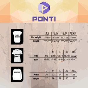 May include: Image features a size chart for baby onesies, women's V-neck shirts, and sweatshirts. The chart includes size, bust, width, and length measurements in inches, along with weight and age ranges.