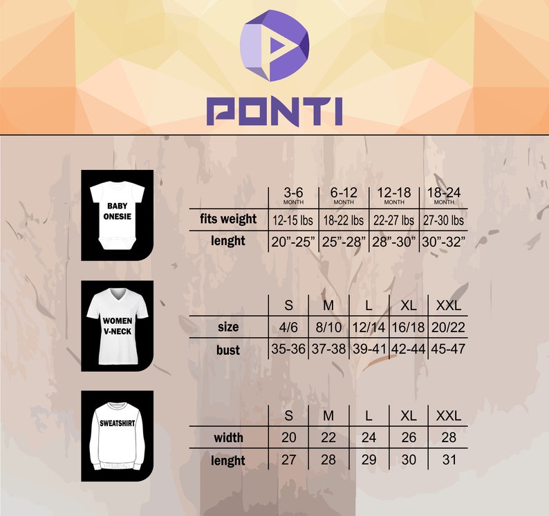 May include: Image features a size chart for baby onesies, women's V-neck shirts, and sweatshirts. The chart includes size, bust, width, and length measurements in inches, along with weight and age ranges.