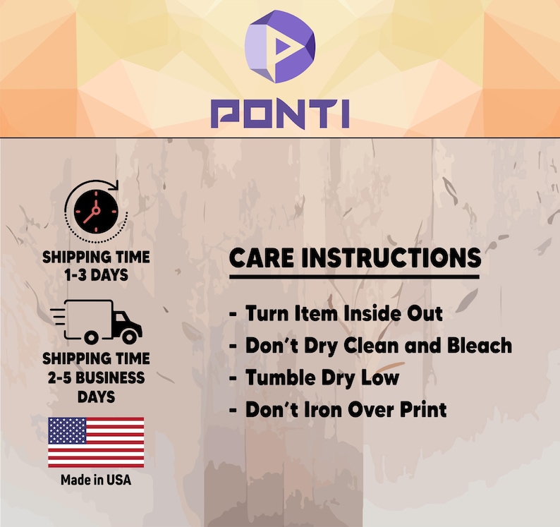 以下が含まれることがあります： 「PONTI」のロゴとケア方法が記載された画像：裏返して洗う、ドライクリーニングと漂白禁止、低温タンブル乾燥、プリント部分へのアイロン禁止。発送の詳細と「Made in USA」のテキストが含まれています。