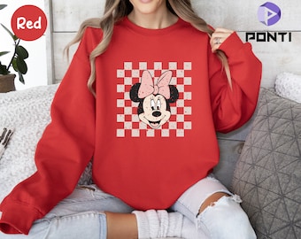 Minnie Mouse Sweatshirt, Retro Minnie Sweatshirt, Checkered Disney Sweatshirt, Disney Girl Trip, Vintage Disney Tee, Disney Women Shirt Gift