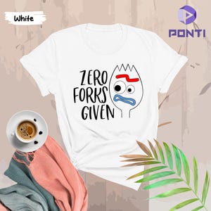 May include: White t-shirt with a cartoon fork face and the text "Zero Forks Given".