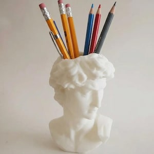 ダビデ像ペンシルホルダー、ミケランジェロ彫刻デスクオーガナイザー、ホワイトクラシックアートポット