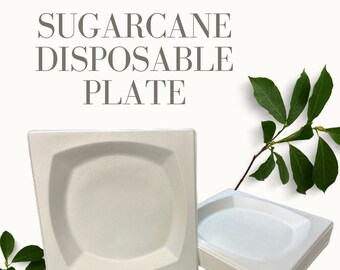 Assiette carrée en papier jetable biodégradable et respectueuse de l'environnement en canne à sucre pour mariage, fête, déjeuner, desserts, passe au micro-ondes et au congélateur