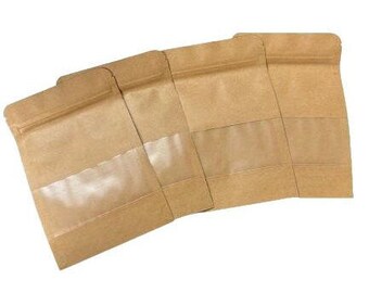 25 Pack Kraft Paper Stand-Up Pouches with Window - 4.5 x 6.5" -Eco-Friendly Food Packaging Reusable Zip Lock Store Snacks, Coffee Beans, Tea