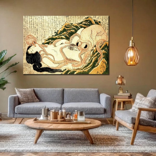 Katsushika Hokusai, Le rêve de la femme du pêcheur, estampes japonaises, impressions d'art, art vintage, art mural sur toile, impressions d'art célèbres