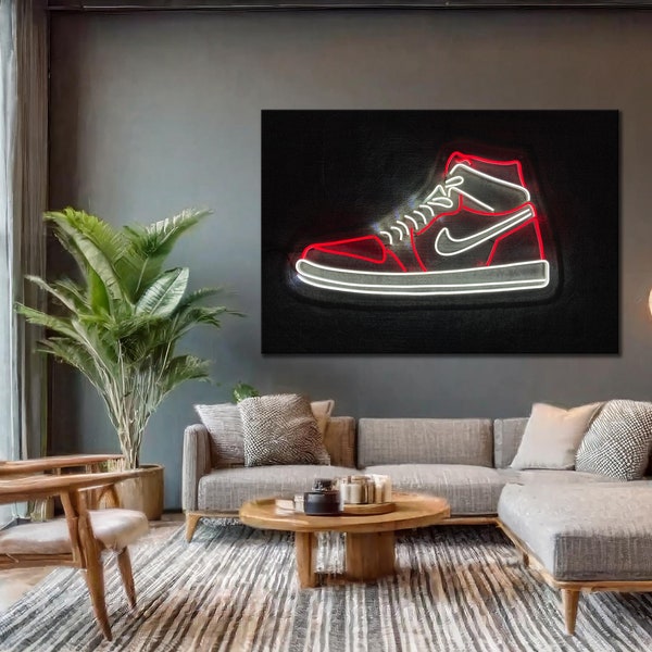 Nike Air Jordan 1 Framed Canvas Wall Art, Red Light Neon Sneaker Poster Print, Printable Modern Art Office Decor