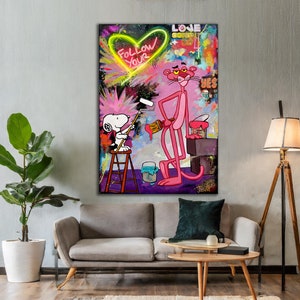 Follow Your Heart P Panther Wall Art, Pop Art Graffiti Pink Canvas Print, Panther Modern Painting on Canvas Print