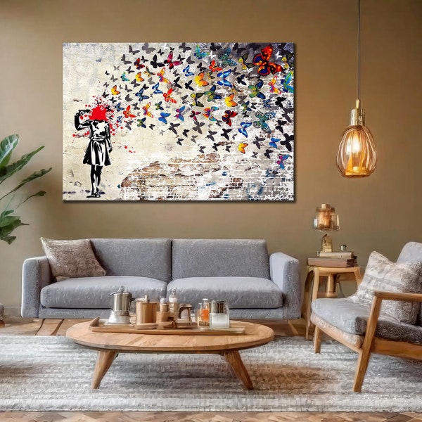 Canvas Wall Art, Living Room Wall Art, Canvas Art, Painting Art Canvas, Banksy Girl Art Canvas, Banksy Butterfly Printed