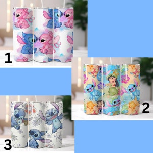 May include: Three stainless steel tumblers with different designs featuring Stitch and Lilo from the Disney movie Lilo & Stitch. The first tumbler has a blue and pink watercolor design with Stitch and Angel. The second tumbler has a watercolor design with Stitch, Lilo, and tropical flowers. The third tumbler has a watercolor design with Stitch and tropical flowers.
