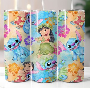 May include: Three stainless steel tumblers with a blue and green tropical floral design featuring Stitch and Lilo from the Disney movie Lilo & Stitch.