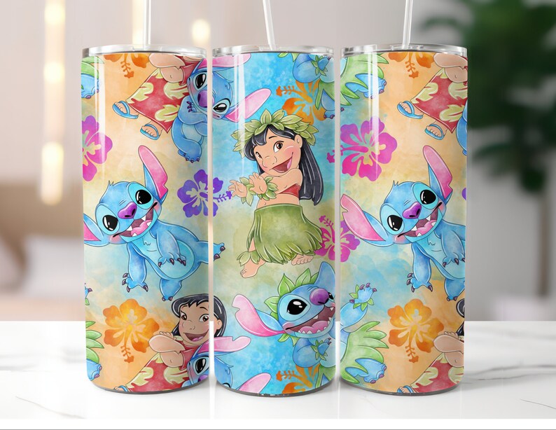 May include: Three stainless steel tumblers with a blue and green tropical floral design featuring Stitch and Lilo from the Disney movie Lilo & Stitch.