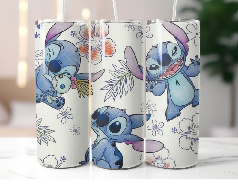 May include: Three white stainless steel tumblers with a blue cartoon character, Stitch, from the Disney movie Lilo & Stitch. The tumblers feature different poses of Stitch with a floral and leaf pattern background.