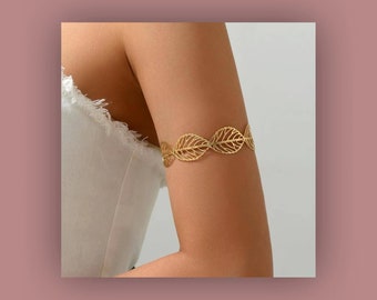 Fashion Arm Jewelry: Minimalist Gold Arm Cuffs with Leaves Accent - Unique Gift for Her, Mom, Girlfriend, Bracelet, Upper Arm, Arm Bands