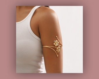 Fashion Arm Jewelry: Minimalist Gold Arm Cuffs with Flowers Accent - Unique Gift for Her, Mom, Girlfriend, Bracelet, Upper Arm, Arm Bands