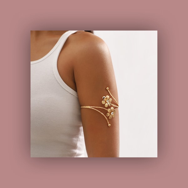 Fashion Arm Jewelry: Minimalist Gold Arm Cuffs with Flowers Accent - Unique Gift for Her, Mom, Girlfriend, Bracelet, Upper Arm, Arm Bands