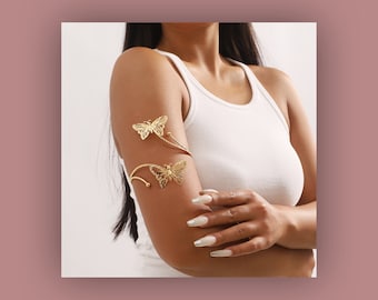 Fashion Arm Jewelry: Minimalist Gold Arm Cuffs with Butterfly Accent - Unique Gift for Her, Mom, Girlfriend, Bracelet, Upper Arm, Arm Bands
