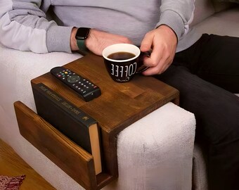 Wooden Couch Arm Rest Table Functional Wood Armrest Sofa Tables With Magazine Stand Modern Couch Tray Sofa Arm Tray Table Gift For Dad Gifts