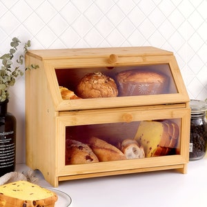 Double Layer Wooden Bread Box - Wooden Bread Bin Rustic Bread Box With Window Bamboo Bread Box Countertop Bread Basket Kitchen Storage Wood