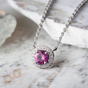 925 Silver Pink Sapphire Necklace, Elegant Sapphire Diamond Necklace, Lab Made Pink Sapphire Necklace, September Birthstone Sapphire Pendant