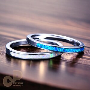 Opal Inlay Ring, Opal Eternity Band, Sterling Silver Wedding Band Opal, Minimalist Opal Ring, Small Dainty Opal Ring, Blue Opal & White Opal