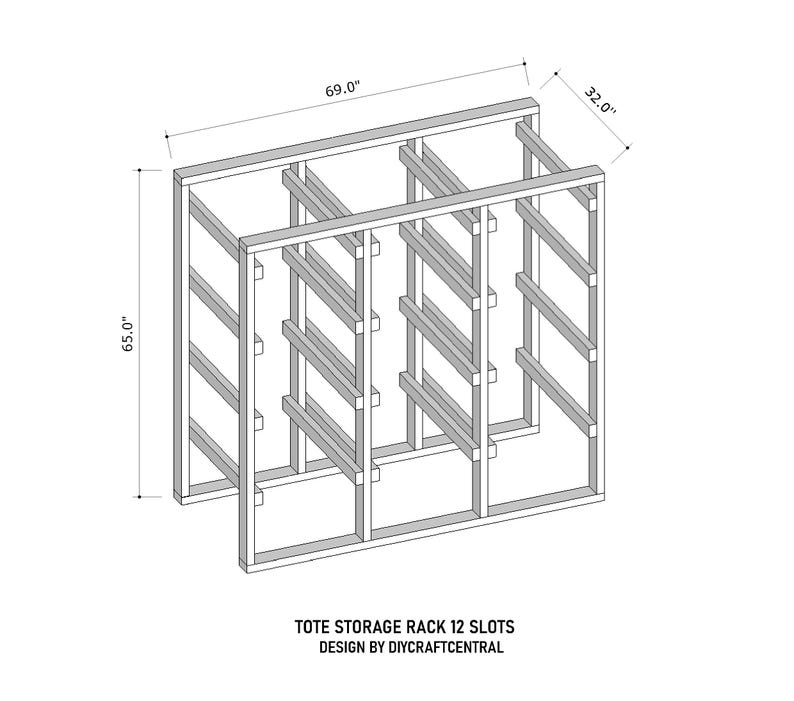 May include: Isometric view of a wooden tote storage rack with 12 slots. The rack is 65.0" high, 69.0" wide, and 32.0" deep. The design is by DIYCraftCentral. The rack is made of rectangular wooden beams.