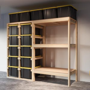 Tote rack with shelf 27 Gallon Storage PDF plan only | DIY garage shelves DIY shelf  Garage storage Bin rack storage Workshop shelf storage