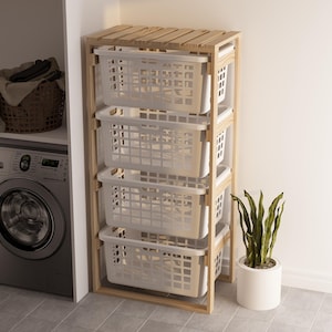Sideways basket rack | Digital download pdf Laundry organizer storage Laundry cabinet Wood rack Storage entryway DIY Storage 4 tier rack