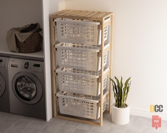 Sideways basket rack | Digital download pdf Laundry organizer storage Laundry cabinet Wood rack Storage entryway DIY Storage 4 tier rack