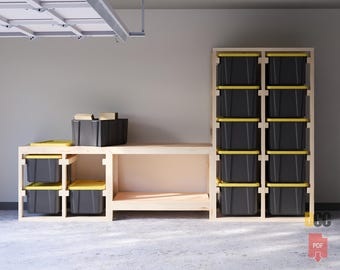 Workbench with Tote Storage 17 & 27 Gallon | Digital Download Bin garage shelves  Rack storage Work bench Garage storage Workshop storage